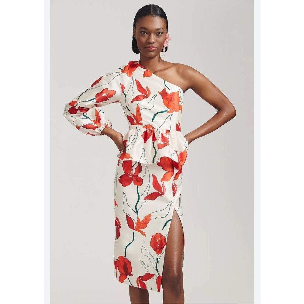 Anthropologie Hutch One-Shoulder Peplum Dress Size 0 Floral Red and White